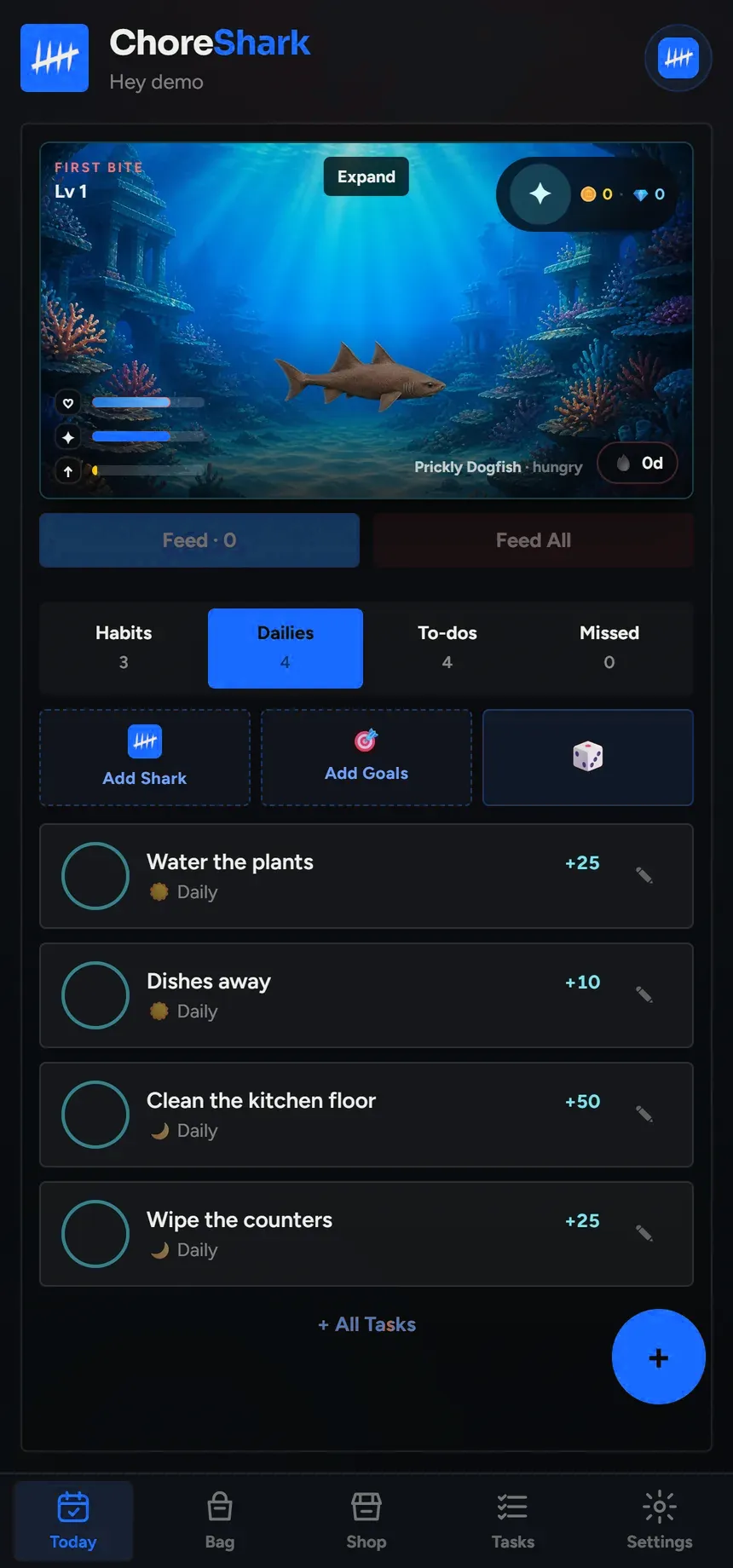The ChoreShark Today screen showing the Dailies lane: water the plants, dishes away, clean the kitchen floor and wipe the counters, each with the coins it earns.