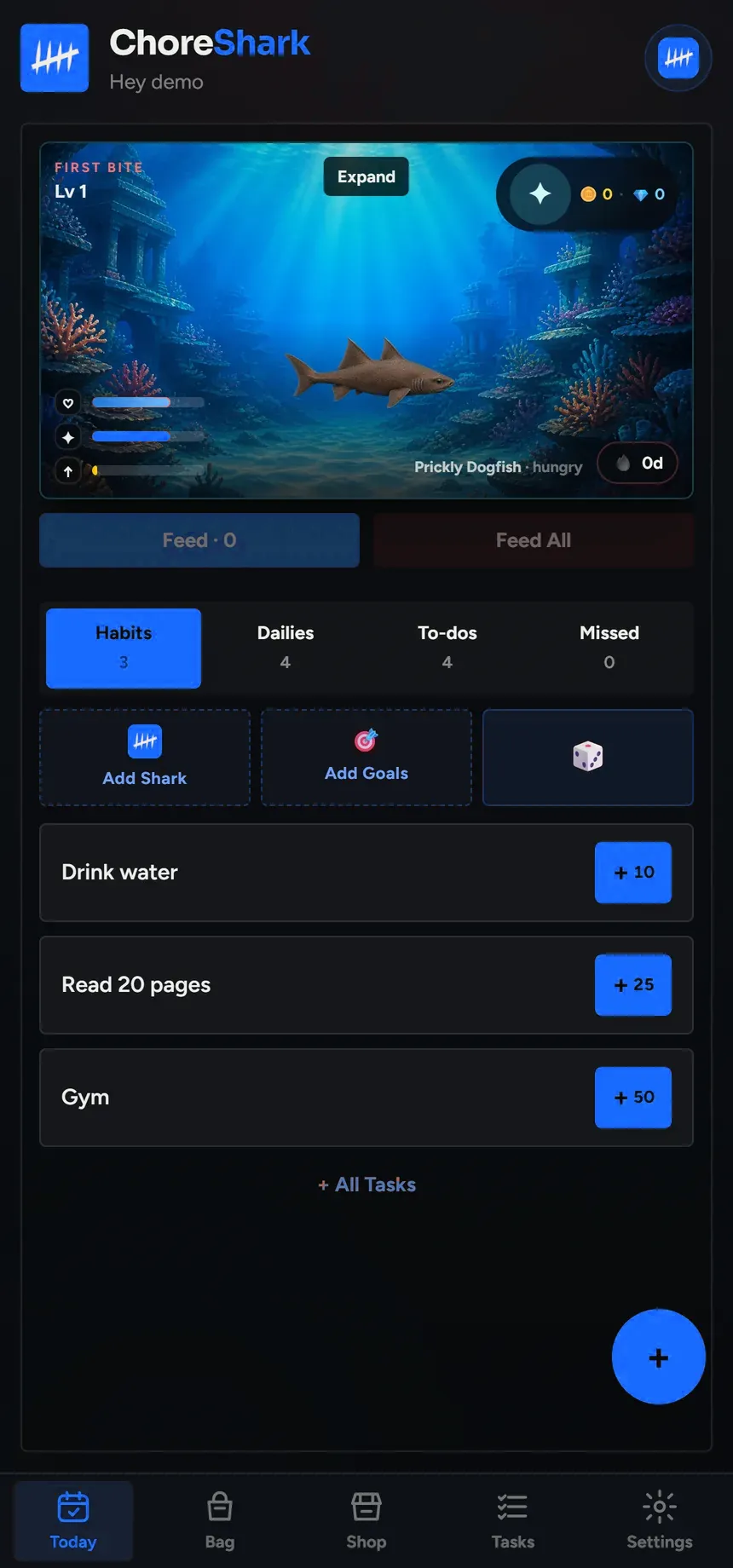The Habits lane in ChoreShark showing drink water, read 20 pages and gym, each with a check-in button.